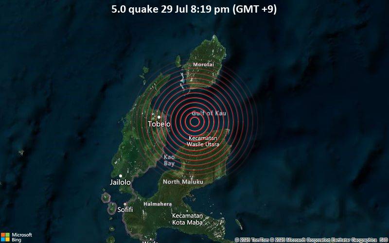 Gempa Bumi Berkekuatan 5.0 Terjadi 37 km Timur Tobelo, Indonesia Sore Hari