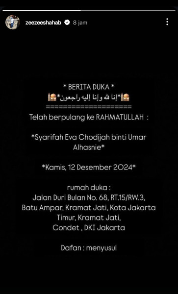 Innalillahi, Zeezee Shahab Bawa Kabar Duka: Ibunda Syarifah Eva Chodijah Meninggal Dunia